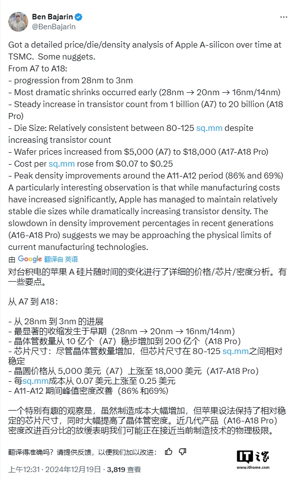 从苹果 A7 到 A18 Pro 芯片：晶体管数量激增 19 倍，晶圆成本飙升 2.6 倍